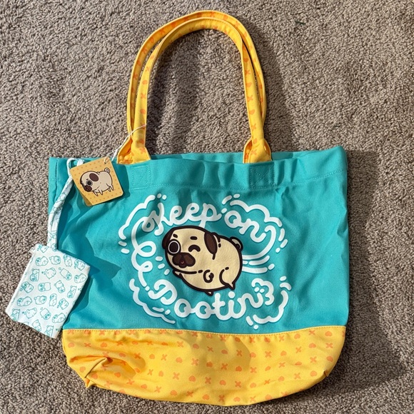 Handbags - Teal and Yellow Tote Bag with Pug Design
